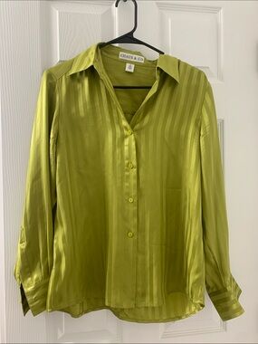 Olive Green Satin Button-Down Blouse